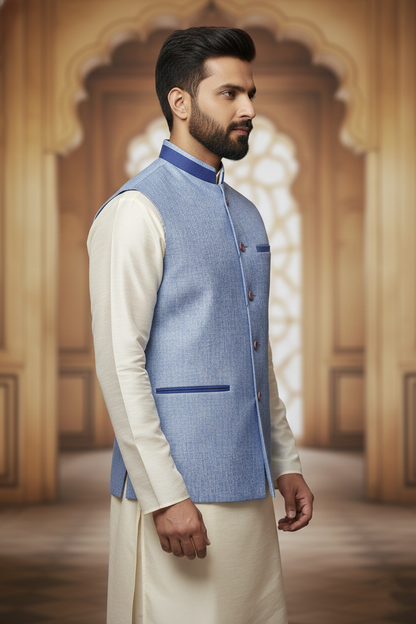 Light Blue Nehru Jacket with Cream Kurta Set