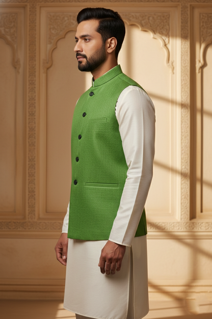 Men’s Green Nehru Jacket with Black Line Work | Designer Ethnic Waistcoat