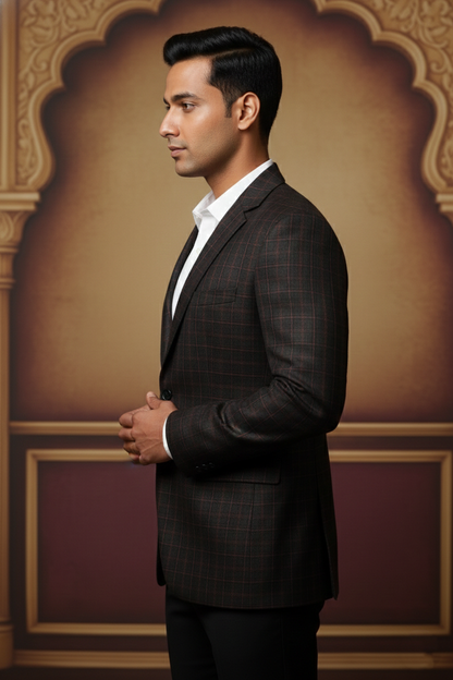 Men's Slim Fit Windowpane Check Blazer - Charcoal Grey & Rust Plaid Sport Coat - Formal Jacket for Weddings and Business