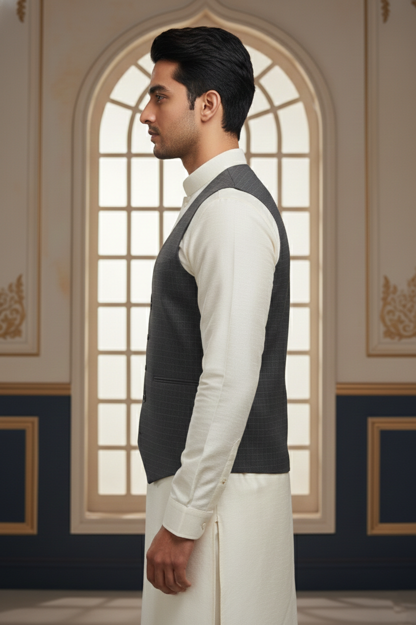 Men’s Grey Jacquard Silk Waistcoat with Notch Lapel | Slim Fit Festive Vest
