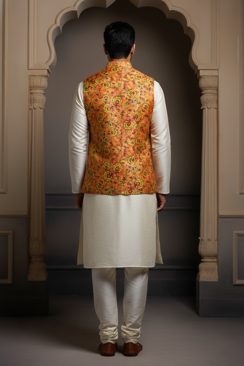 Title: Harvest Gold: The Floral Tapestry Nehru Ensemble