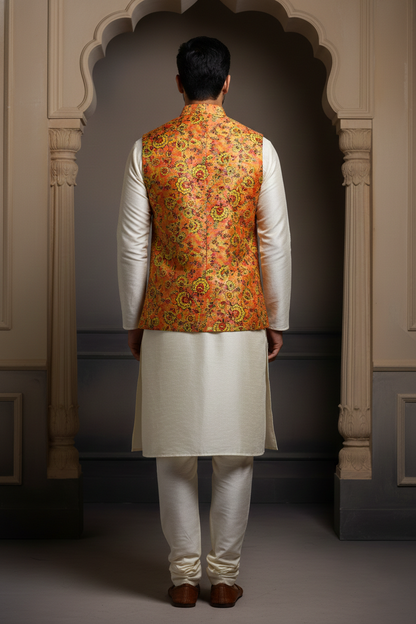 Title: Harvest Gold: The Floral Tapestry Nehru Ensemble