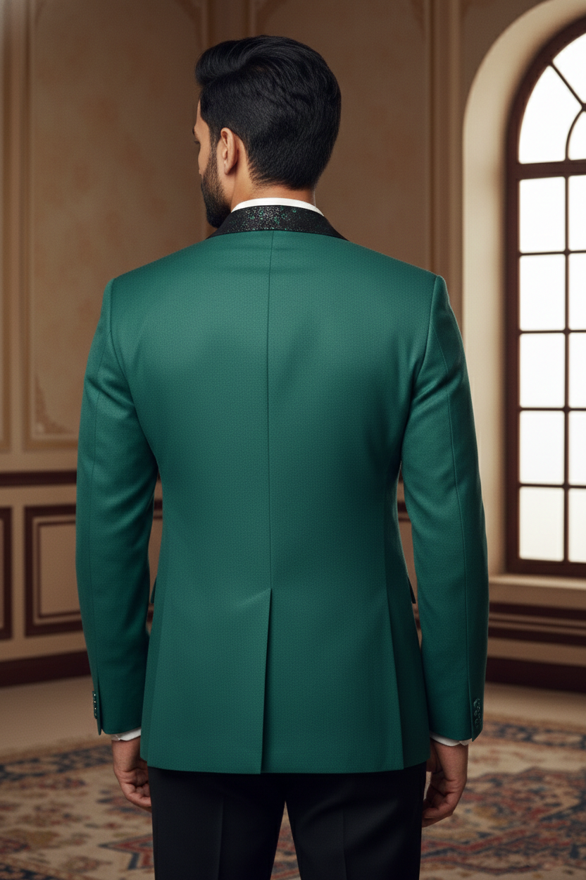 Emerald Regal Blazer with Textured Shawl  Lapel