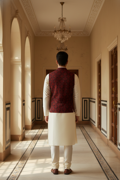 Men's Maroon & Black Jacquard Silk Waistcoat with Notch Lapel