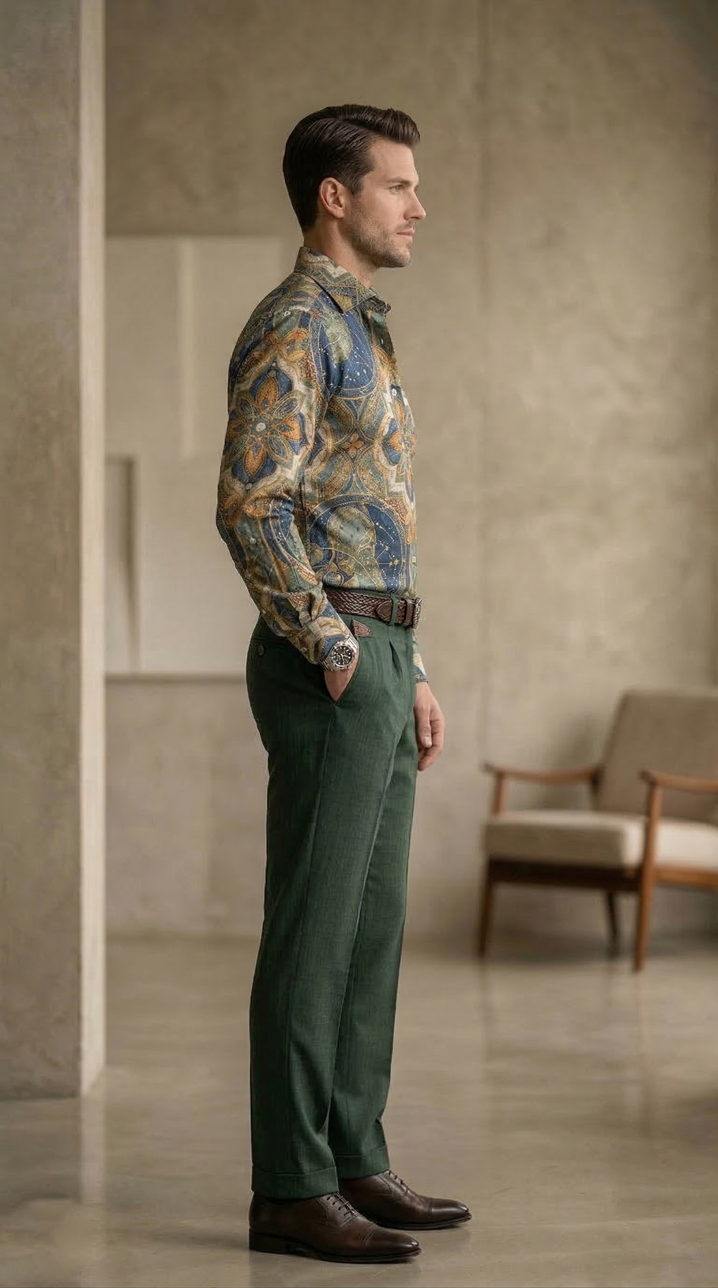 Designer Men'sMaritime Celestial Print Shirt , Deep Sea Teal & Ochre Compass Mandala Motif