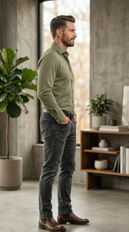 Men'sCasual Slim-Fit Brushed Twill Shirt in Sage Olive