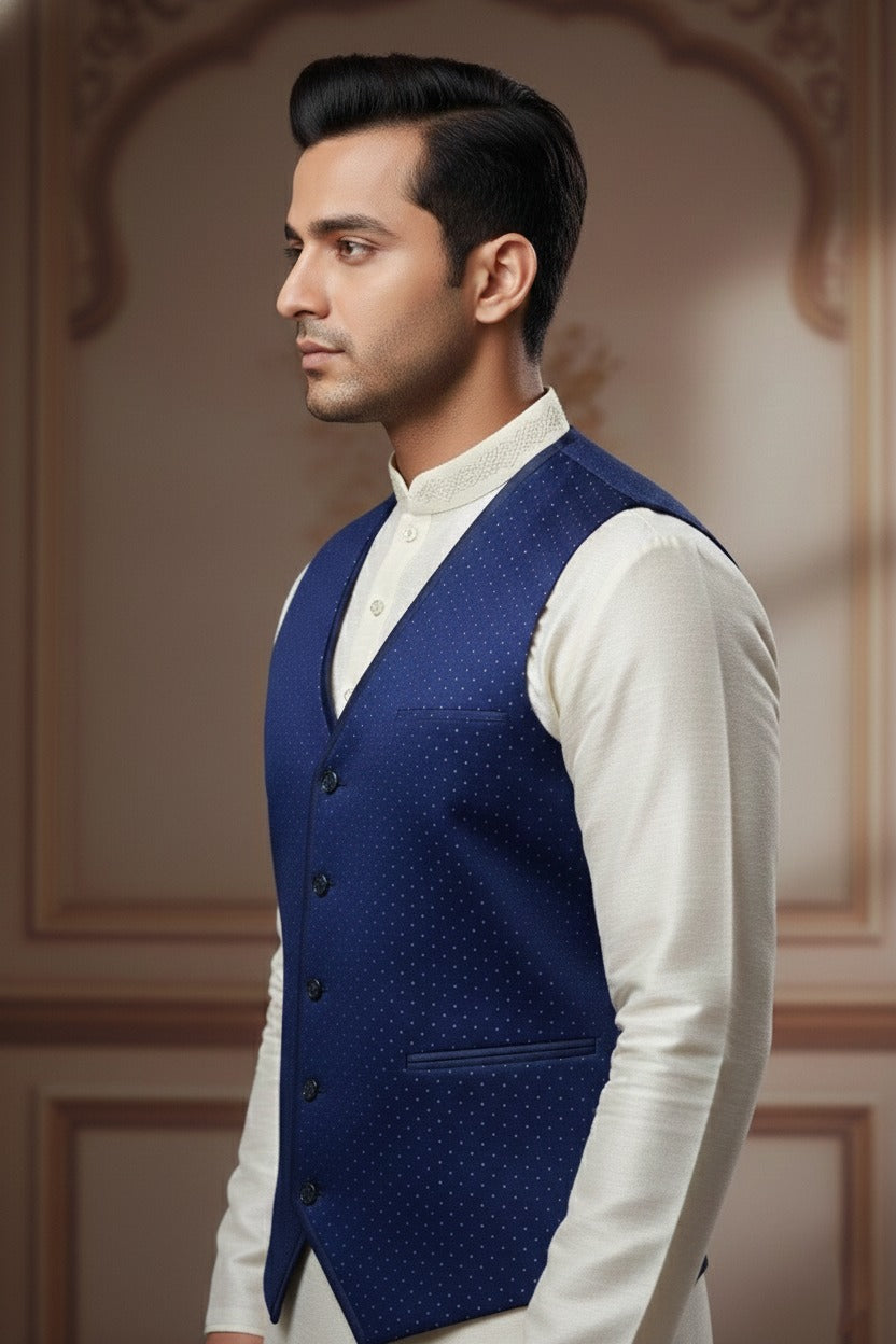 Men’s Dark Blue Nehru Jacket with Tiny White Dots Work | Festive Ethnic Waistcoat