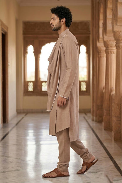 Men's Beige Draped AsyVBetric Designer Kurta Pajama