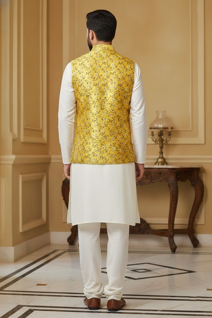 Radiant Mustard: Men’s Floral Brocade Nehru Jacket