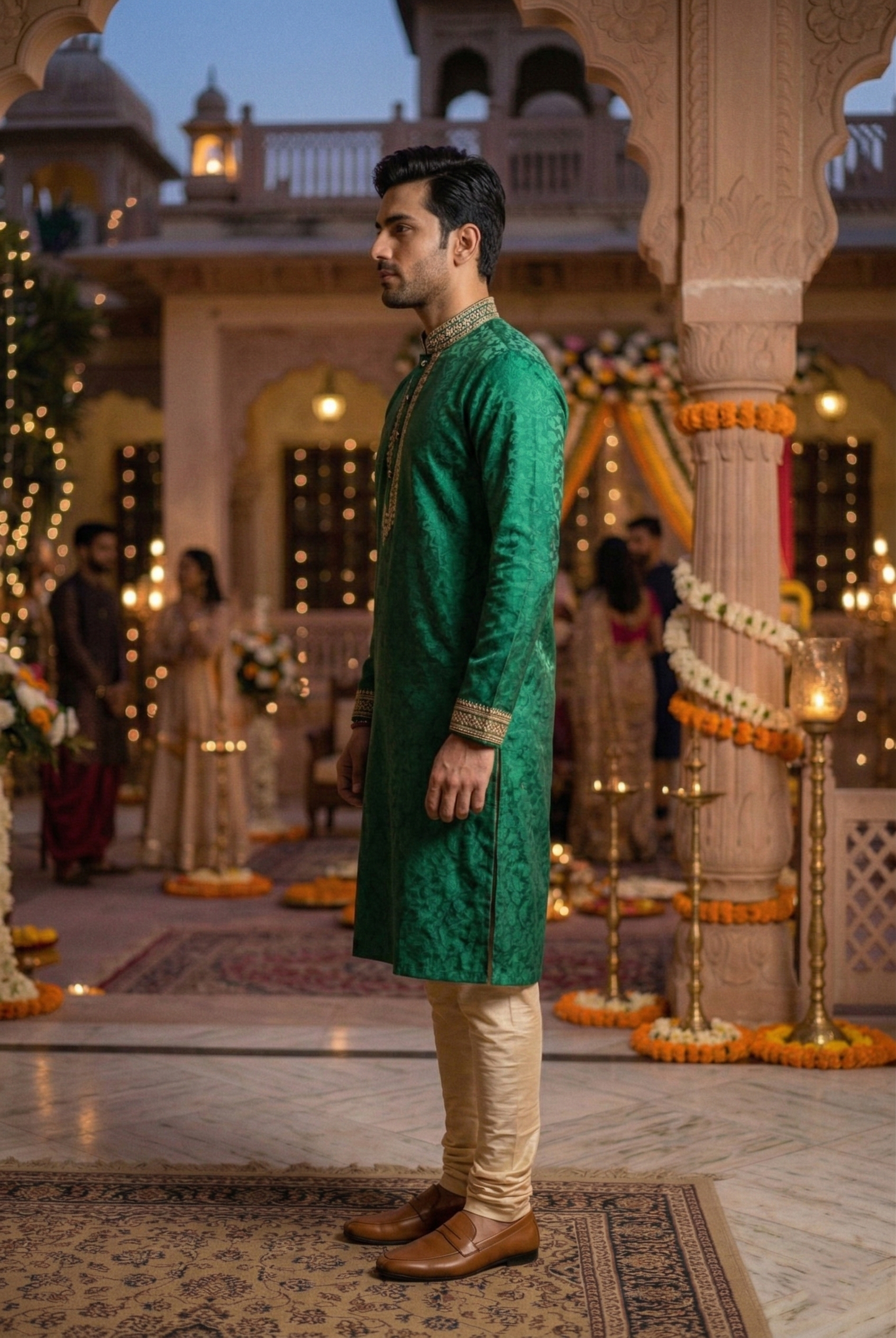 Men's Emerald Green Silk Kurta with Gold Work