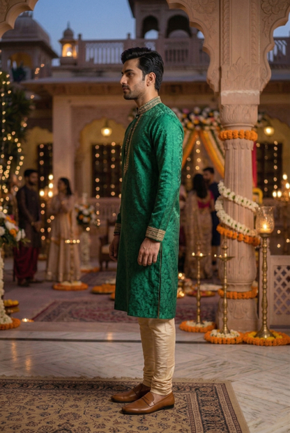 Men's Emerald Green Silk Kurta with Gold Work
