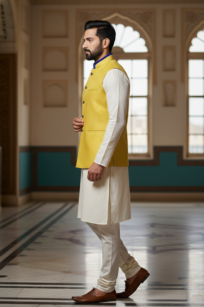 Bright Yellow Nehru Jacket with Dark Blue Trim &  Cream Kurta Set