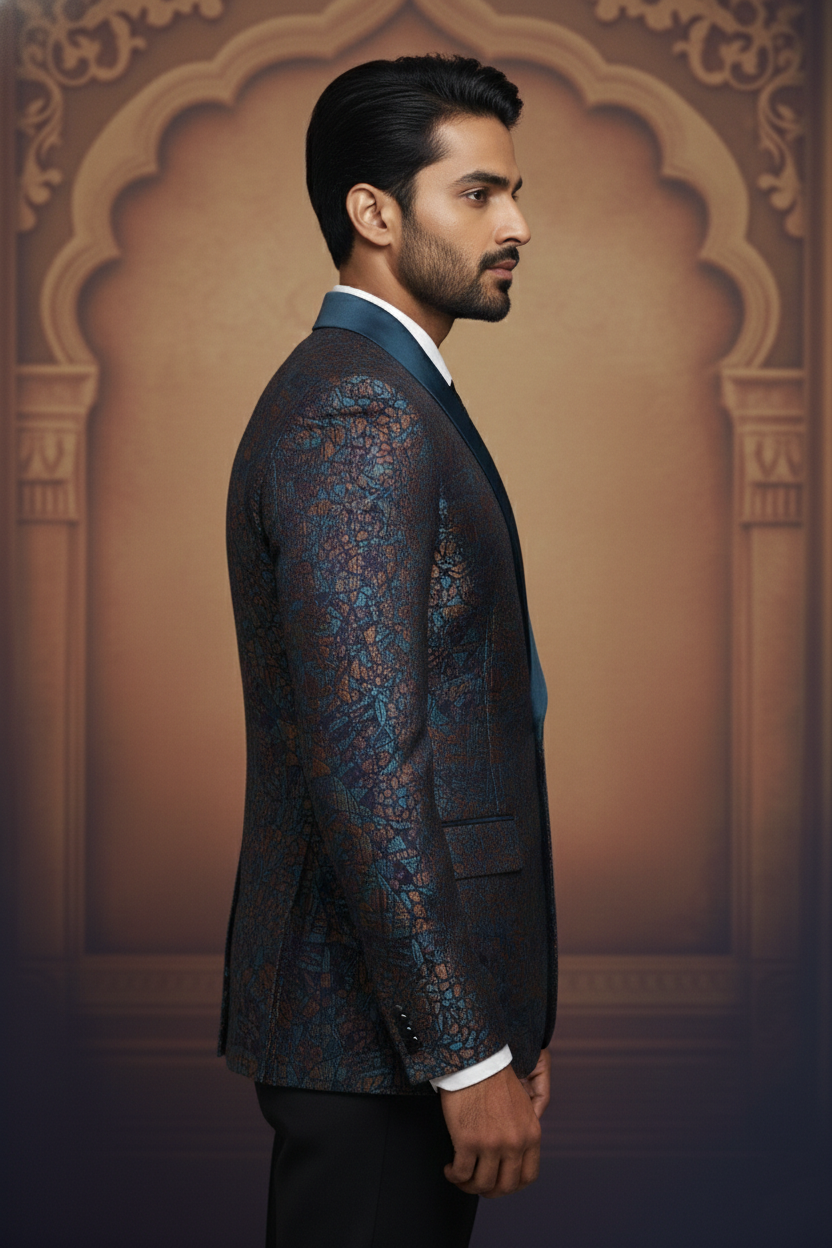 Mosaic Pattern Blazer with Blue Shawl Collar