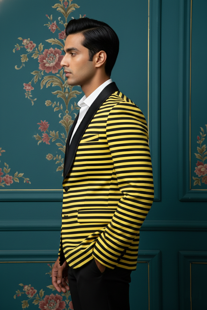 Men'sSlim-Fit Horizontal Striped Blazer with Shawl Lapel , Bold Yellow and Black Statement Jacket