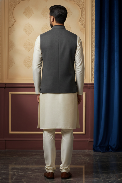 Men’s Charcoal Grey Nehru Jacket with Ivory Kurta Pajama