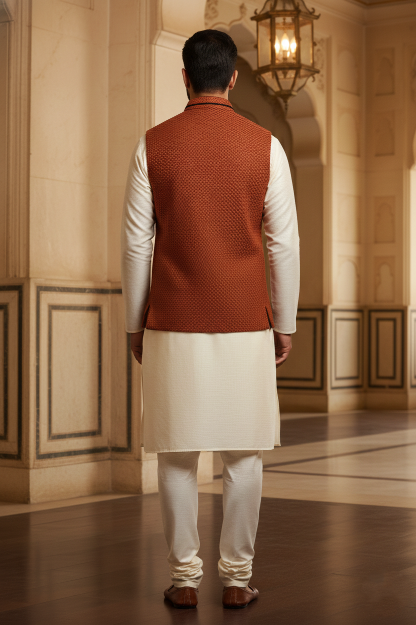 Men's Rust Orange Textured Nehru Jacket – Slim Fit Ethnic Modi Waistcoat for Weddings & Formal Events