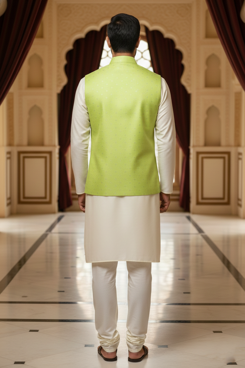 Men’s Pista Green Dotted Nehru Jacket with Ivory Kurta  Pajama