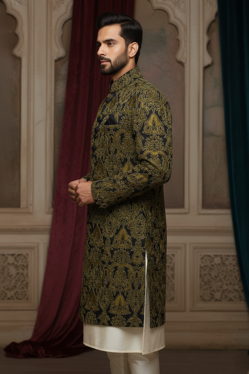 Black Sherwani with Golden Embroidery