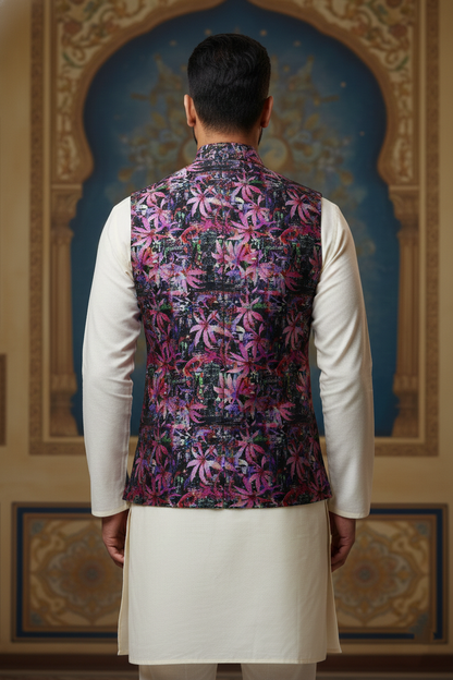 Title: The Violet Nocturne: Contemporary Floral Fusion Nehru Ensemble