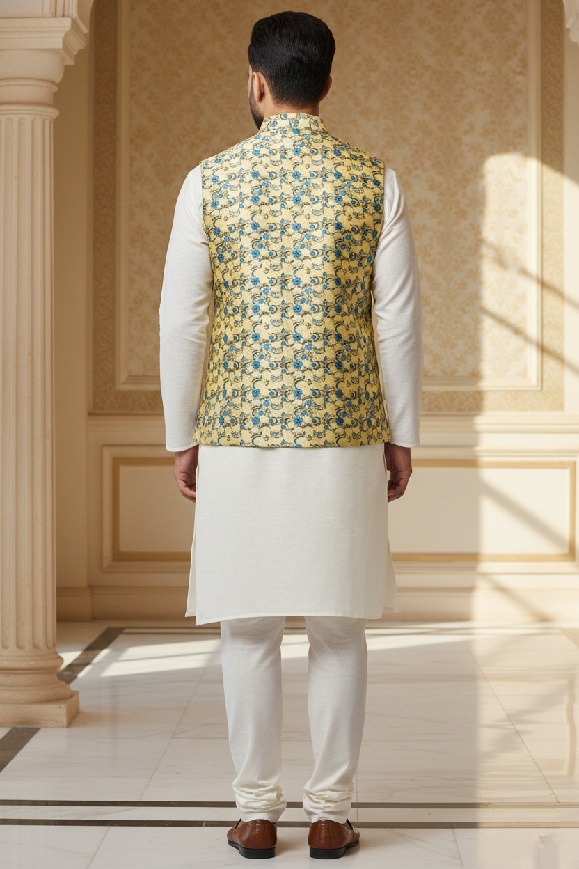 Men’s Yellow Floral Nehru Jacket with Ivory Kurta Pajama