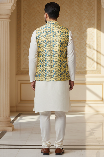 Men’s Yellow Floral Nehru Jacket with Ivory Kurta Pajama