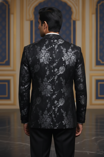 Black Double-Breasted Blazer with Subtle Silver Floral Pattern