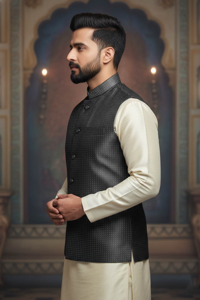 Men's Charcoal Grey Dotted Nehru Jacket – Slim Fit Metallic Ethnic Waistcoat for Weddings & Receptions