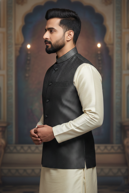 Men's Charcoal Grey Dotted Nehru Jacket – Slim Fit Metallic Ethnic Waistcoat for Weddings & Receptions