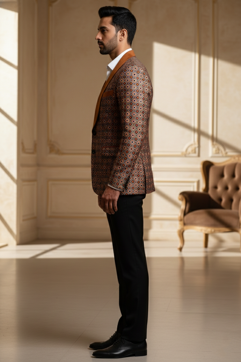 Men'sRust & Gold Geometric Jacquard Tuxedo Blazer with Copper Satin Shawl Lapel