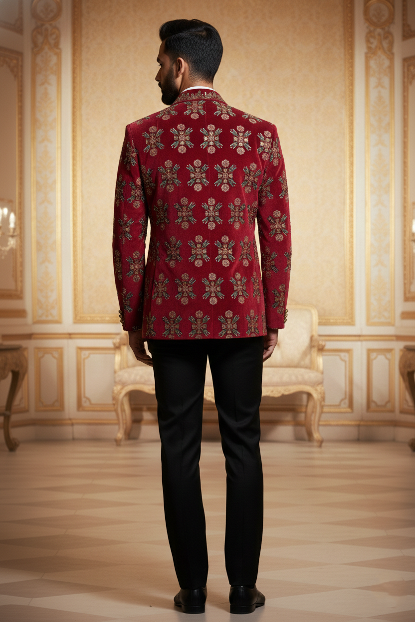 Men'sMaroon Embroidered Indo-Western Blazer