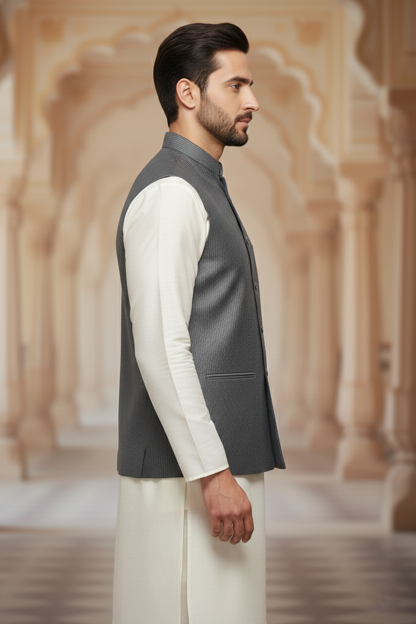 Men's Charcoal Pinstripe Nehru Jacket &  Cream Kurta Set