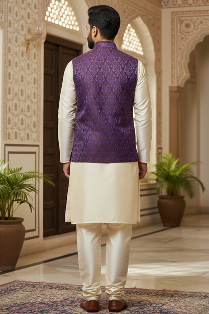 Purple Brocade Nehru Jacket with Cream Kurta Set