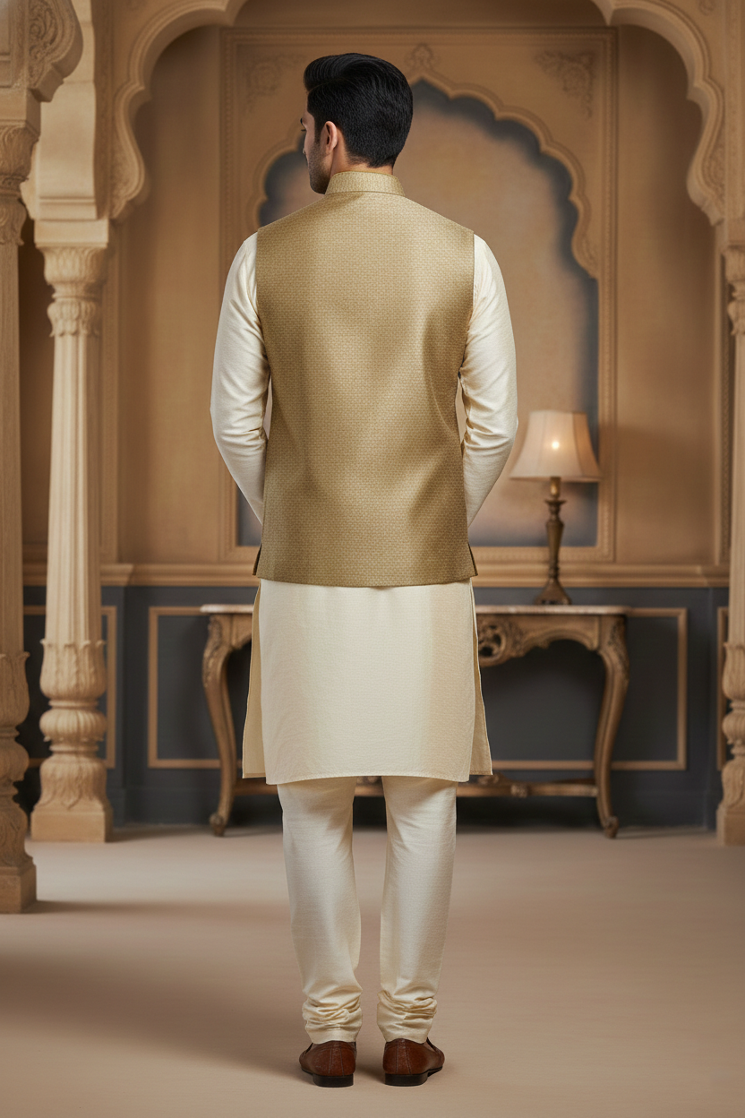 Golden Beige Nehru Jacket with Cream Kurta Set