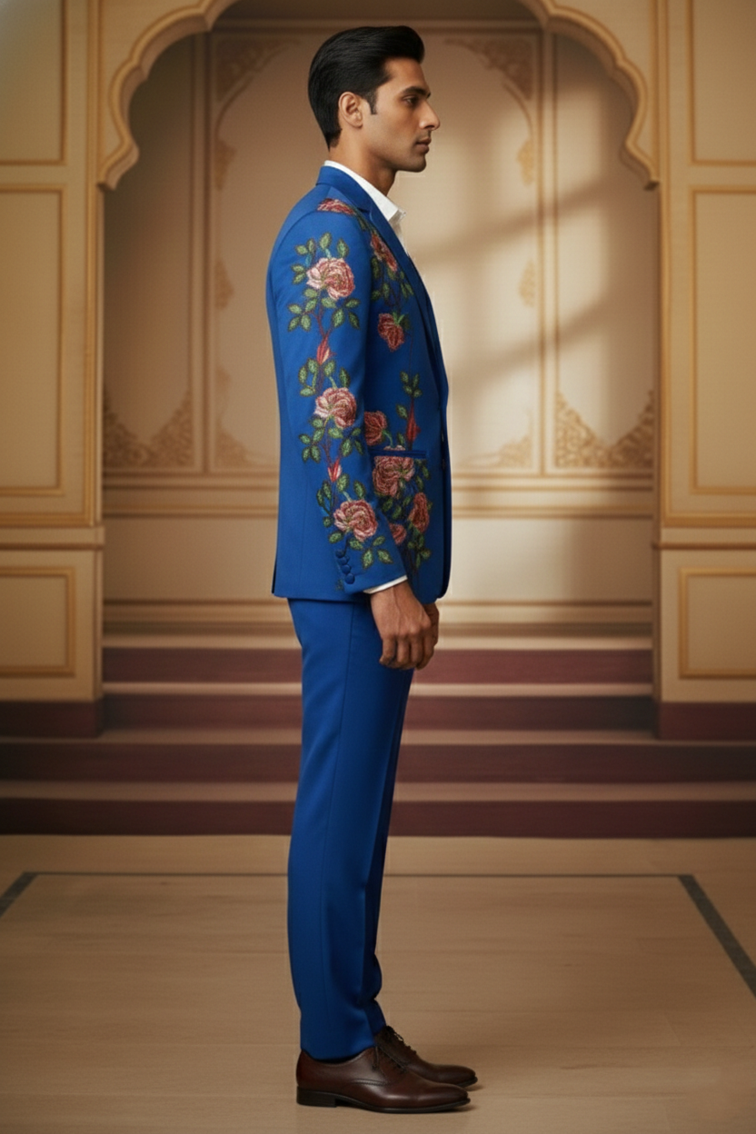 Sky Blue Artisan Blazer with Swan & Butterfly Hand-Embroidery , Designer Indo-Western Tuxedo