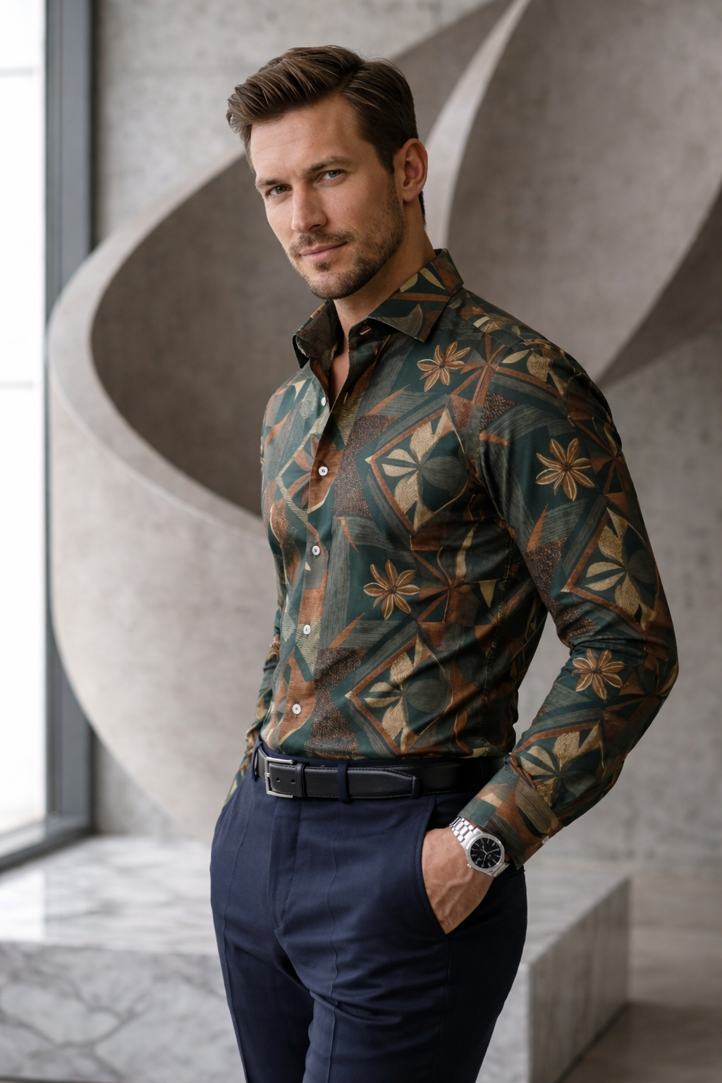 Men'sDesigner Slim-Fit Abstract Botanical Mosaic Shirt