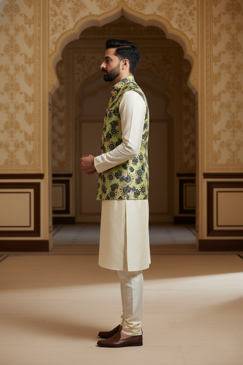 Title: Verdant Sophistication: The Modern Floral Nehru Ensemble