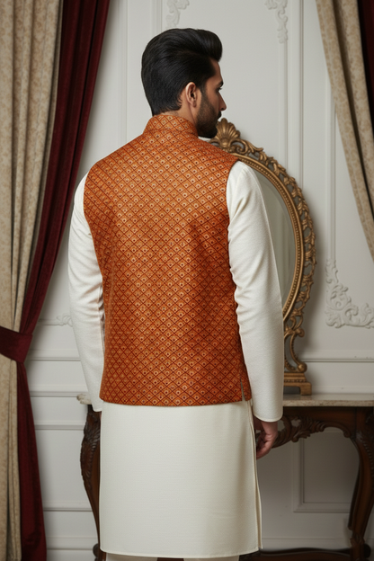 Men’s Rust Jacquard Nehru Jacket with Ivory Kurta  Pajama