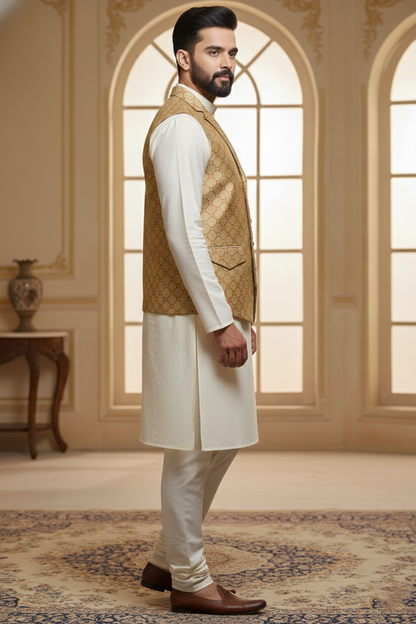 Men’s Cream Designer Waistcoat | Red Line Work Slim Fit Festive Vest