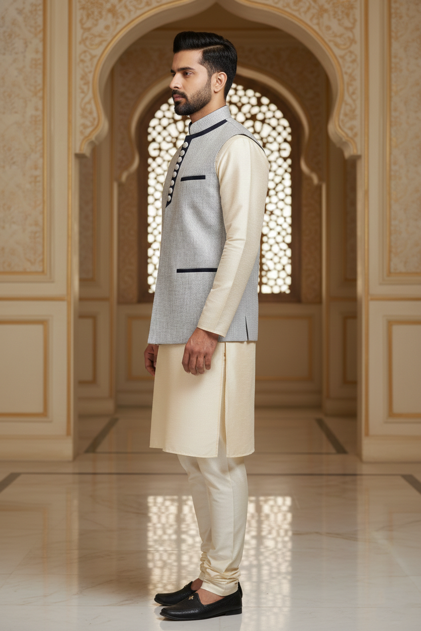 Light Grey Nehru Jacket with Cream Kurta Set