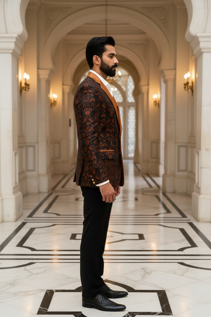 Men'sPremium Rust & Black Damask Jacquard Party Blazer , Slim Fit Tuxedo with Satin Shawl Lapel