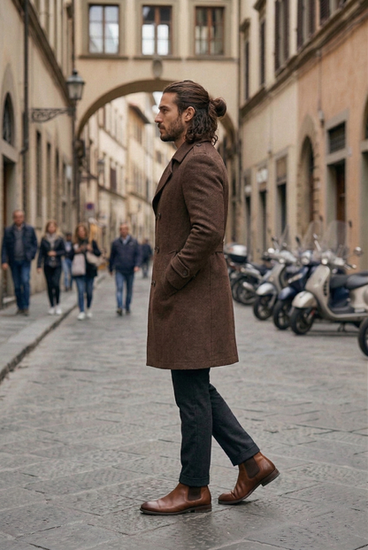 Men's Tailored Wool Trench Coat in Chocolate Brown