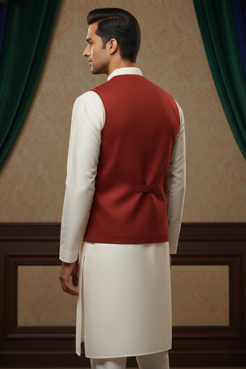 Men’s Red Jacquard Silk Waistcoat with Notch Lapel | Slim Fit Festive Vest