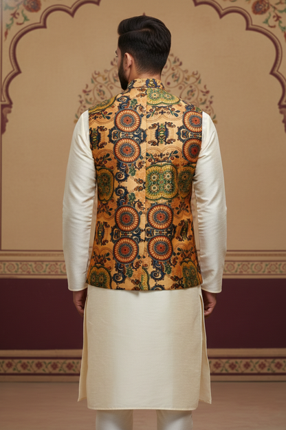 Golden Multicolor Brocade Nehru Jacket with Cream Kurta  Set
