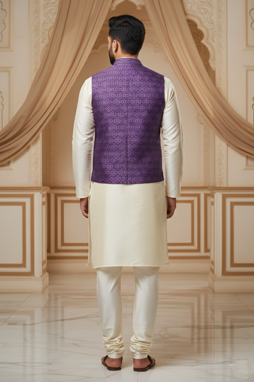 Men's Royal Purple Silk Blend Nehru Jacket – Designer Geometric Printed Waistcoat with Notched Lapel and Pocket Square