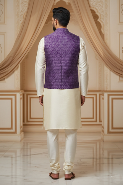 Men's Royal Purple Silk Blend Nehru Jacket – Designer Geometric Printed Waistcoat with Notched Lapel and Pocket Square