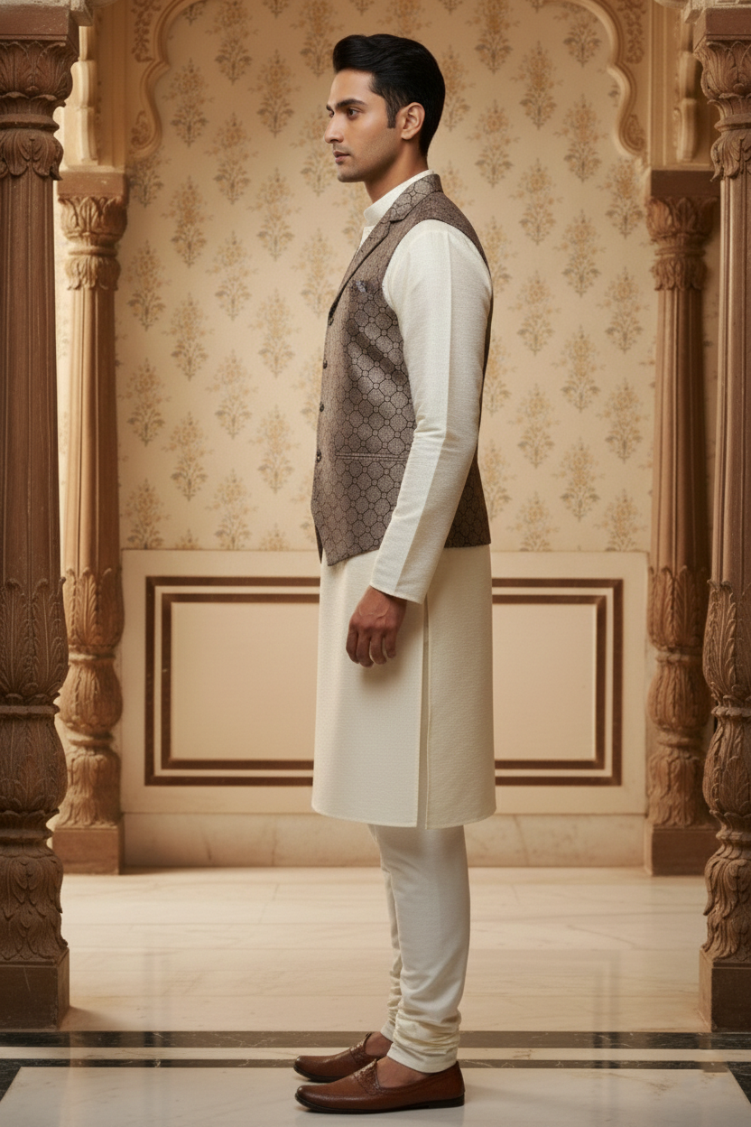 Men’s Grey Designer Waistcoat | Black Line Work Slim Fit Festive Vest