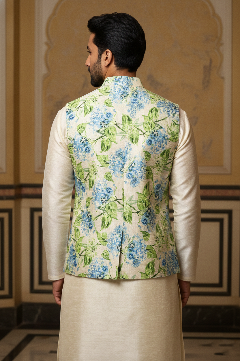 Serene Hydrangea: The Pastel Floral Nehru Jacket