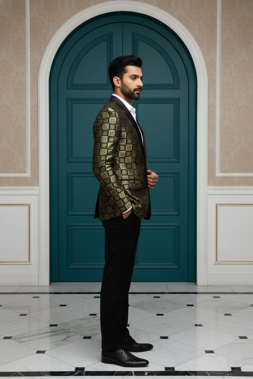 Men's Designer Gold and Black Geometric Brocade Blazer , Luxury Slim-Fit Party Wear Dinner Jacket with Satin Peak Lapel