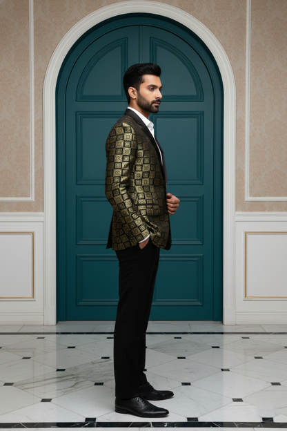 Men's Designer Gold and Black Geometric Brocade Blazer , Luxury Slim-Fit Party Wear Dinner Jacket with Satin Peak Lapel