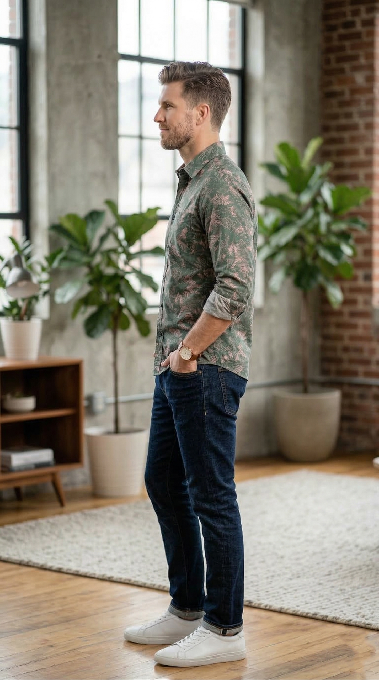 Men'sTropical Fern Print , The Modern Botanical Casual Button-Down
